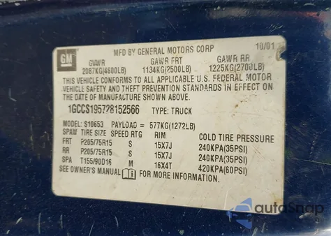 2002 Chevrolet S-10 Ls из США, поврежденный, VIN 1GCCS195728152566